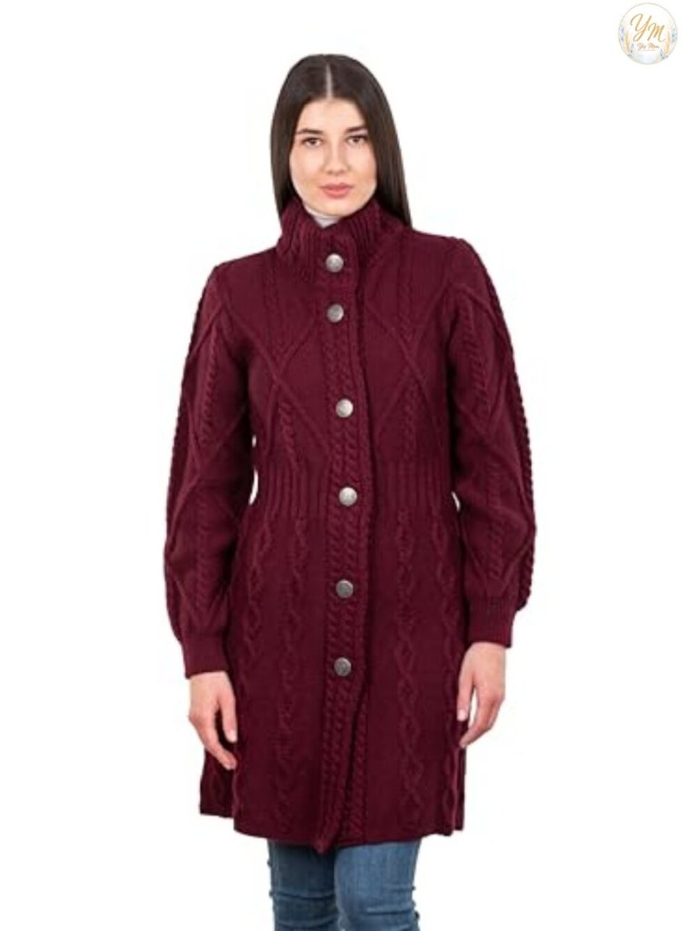 100% Merino Wool Aran Long Cardigan Coat with Celtic Knot Buttons